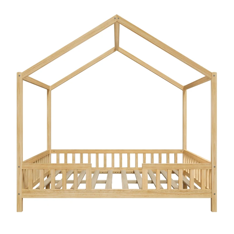 Full-Size Montessori Floor Bed with High Guard Railings, Natural Finish Bed Frame for Kid-Friendly Room, 78.5'' L x 56.5'' W x 78'' H, Natural