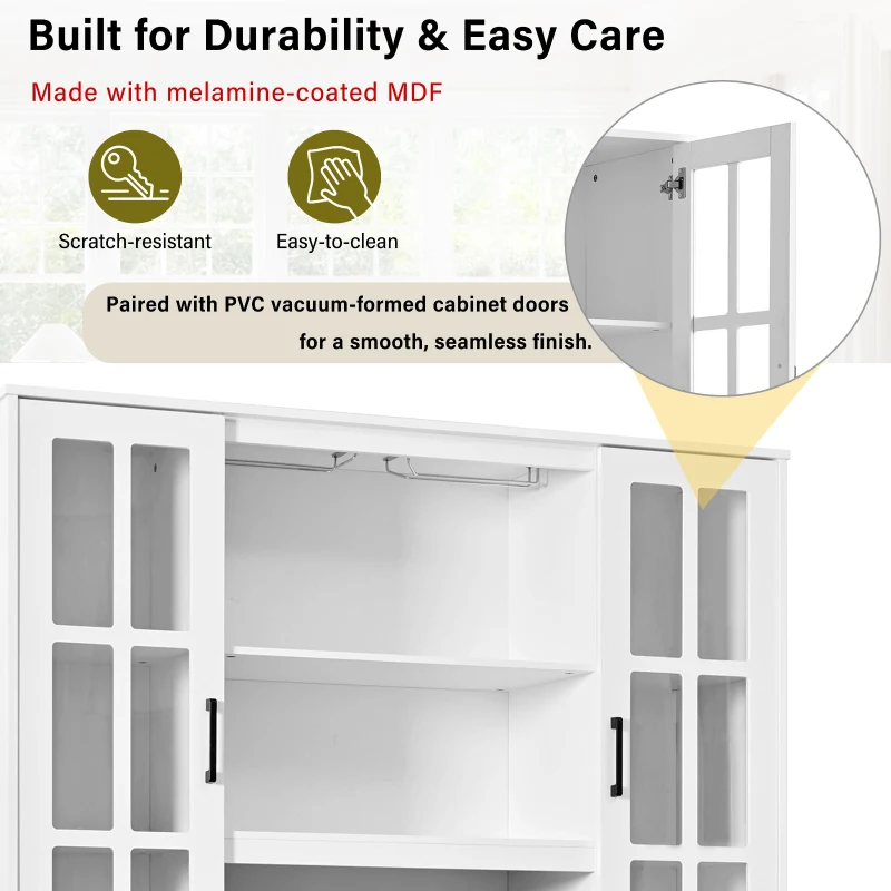 Tall Wine Cabinet with Wine Rack and Stemware Holder, 4-Door Storage Cabinet with Semi-Open Shelf, 52" L x 15.5" W x 74" H, White