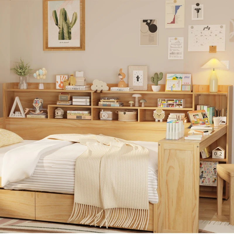 Wooden Full Size Daybed with Built-In Study Desk and 2 Storage Drawers, Space-Saving Guest Bed with Side Shelving, 91.5'' L x 65'' W x 45'' H, Natural
