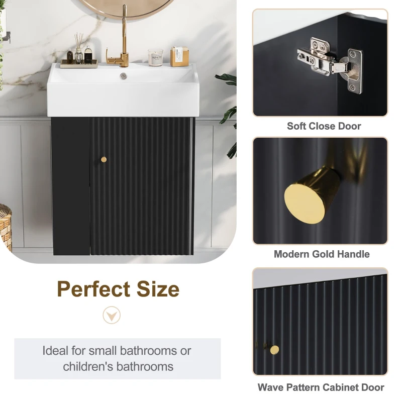 Modern Floating Bathroom Vanity with Ceramic Basin and Side Storage, Cabinet with Rose Golden Handle, 21.5" L x 12" W x 26.5" H, Black