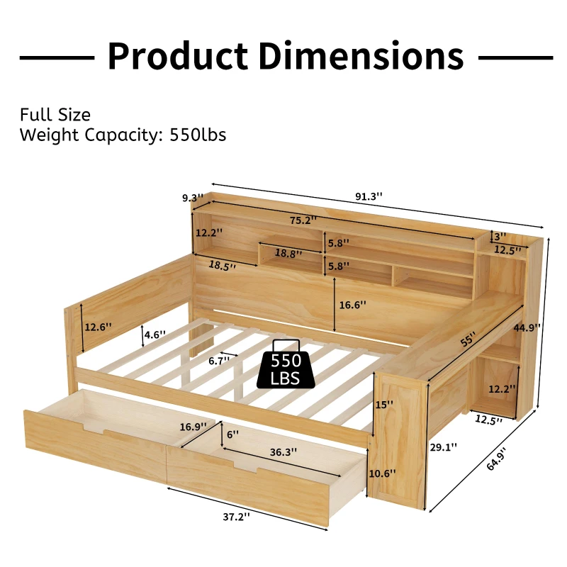 Wooden Full Size Daybed with Built-In Study Desk and 2 Storage Drawers, Space-Saving Guest Bed with Side Shelving, 91.5'' L x 65'' W x 45'' H, Natural