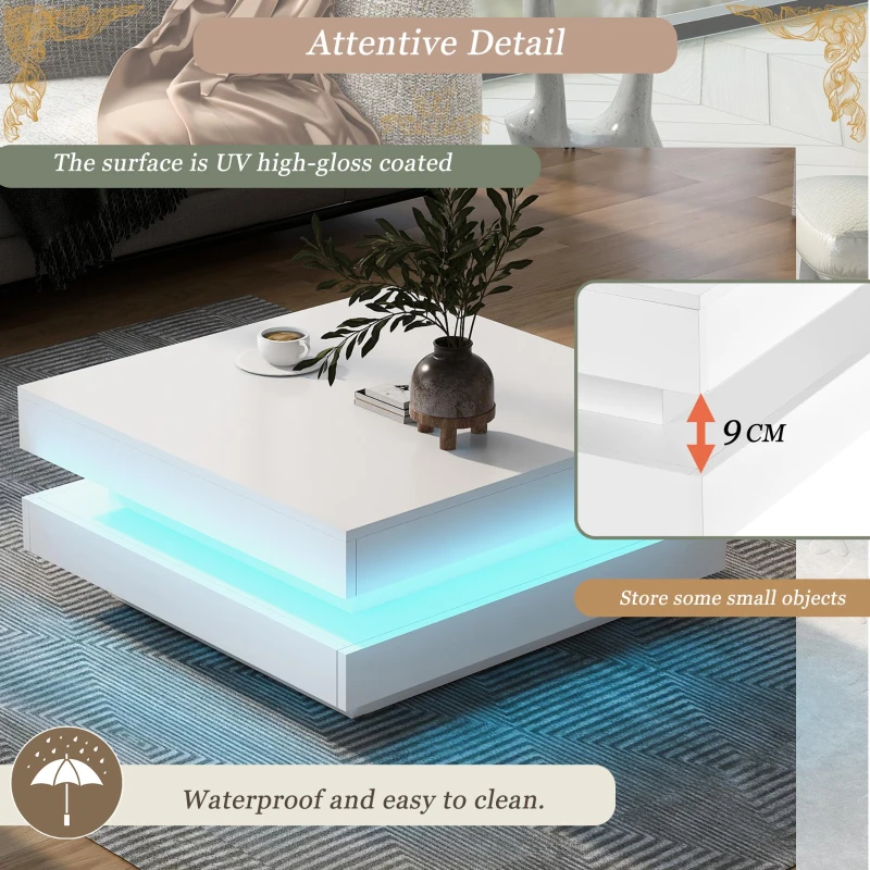 Square High-Gloss Coffee Table with App-Controlled LED Lighting, Modern Center Table with Double-Layer Storage, 27.5" L x 27.5" W x 14" H, White