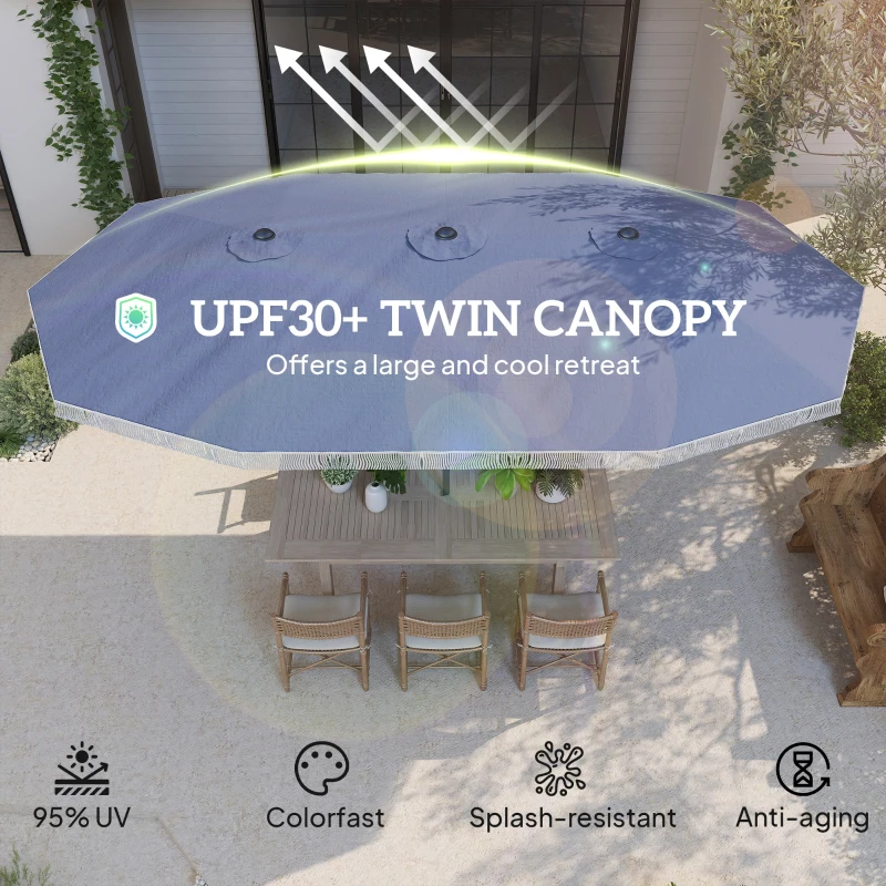 Outsunny 15ft Rectangle Patio Umbrella UPF30+ Extra Large Outdoor Umbrella with Fringe and Crank Handle, Dark Blue