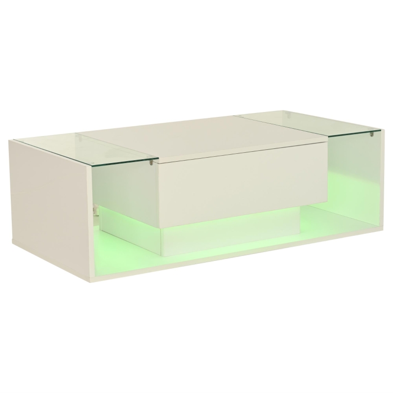 High-Gloss Coffee Table with Tempered Glass Storage, Compact Center Table with Semi-Open Shelf, 39.5″ L x 19.5″ W x 12″ H, White
