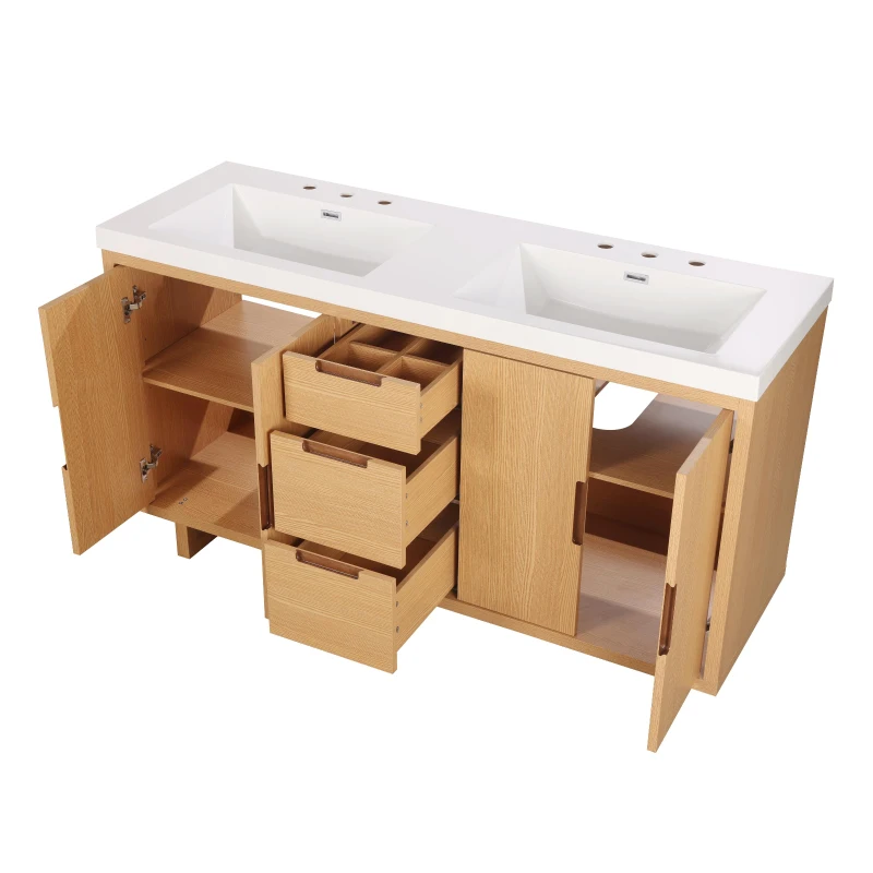Modern Bathroom Vanity with Soft-Close Hinges & Hidden Drawer Slides, Elegant Vanity Cabinet with Resin Sink, 59.5'' L x 20'' W x 34'' H, Wood