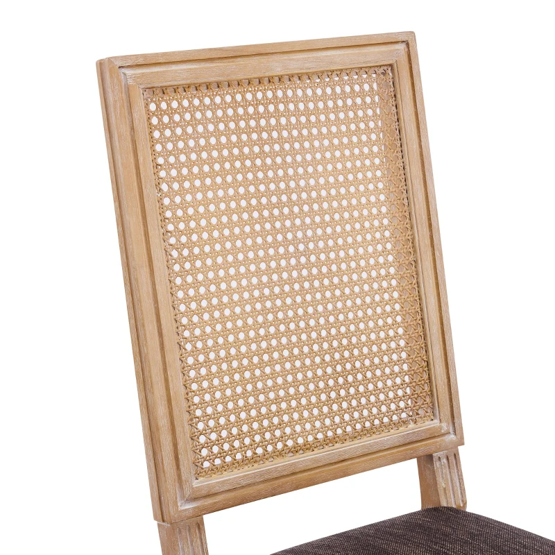 Set for 2 Dining Chairs with Rectangular Cane Backrest and Padded Seat, Cane Back Dining Seating with Fluted Legs, 20'' L x 22'' W x 39.5'' H, Brown