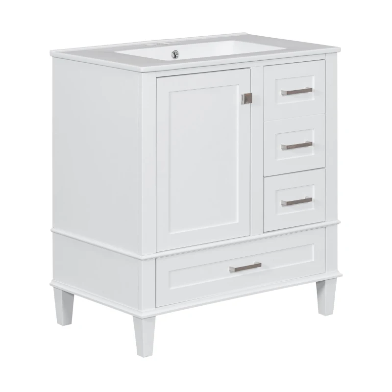 Modern Bathroom Vanity with Sink Combo, Solid Wood Frame, Cabinet with Soft-Close Door and 3 Drawers, 30" L x 18" W x 34" H, White