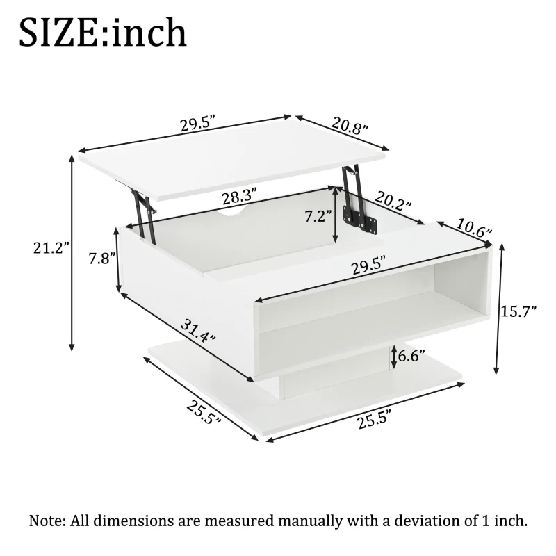 Hydraulic Lift Coffee Table with App-Controlled LED Lighting, Versatile Center Table with Hidden Storage, 29.5" L x 31.5" W x 21" H, White
