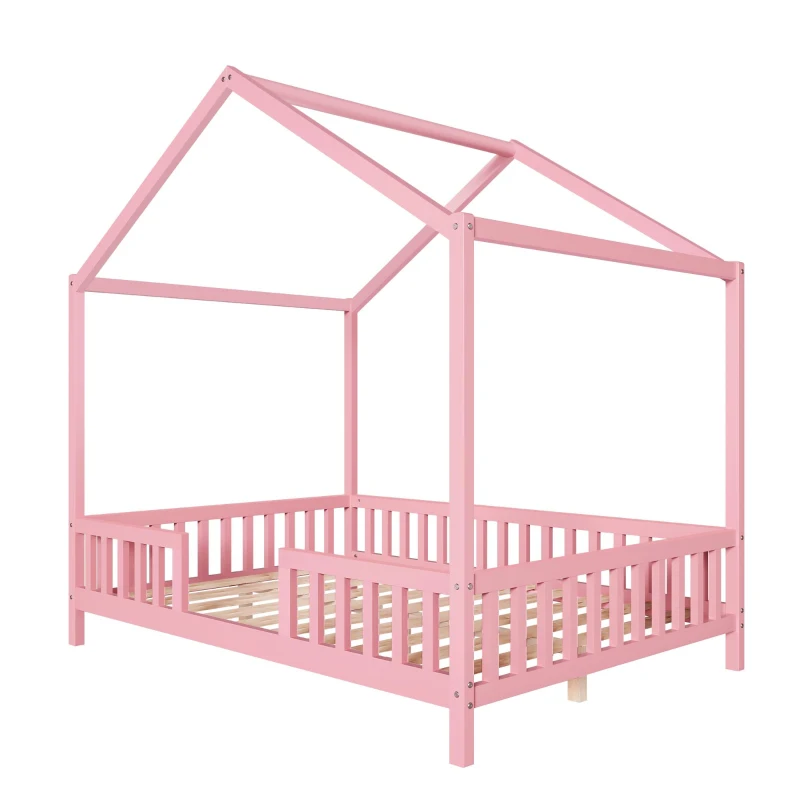 Montessori Full-Size House-Shaped Bed with Lightweight Polyester Canopy, Soft Pink Platform Bed for Child’s Room, 78.5'' L x 56.5'' W x 78'' H, Pink