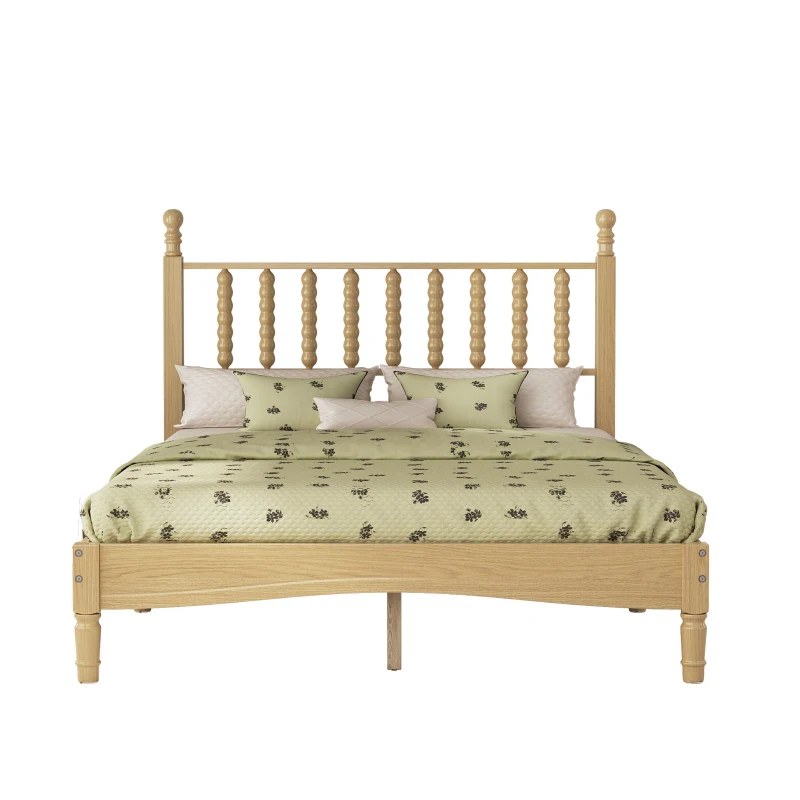 Full Size Wood Platform Bed with Gourd-Shaped Headboard, Solid Bed Frame for Eclectic Bedrooms, 79'' L x 57'' W x 45'' H, Natural