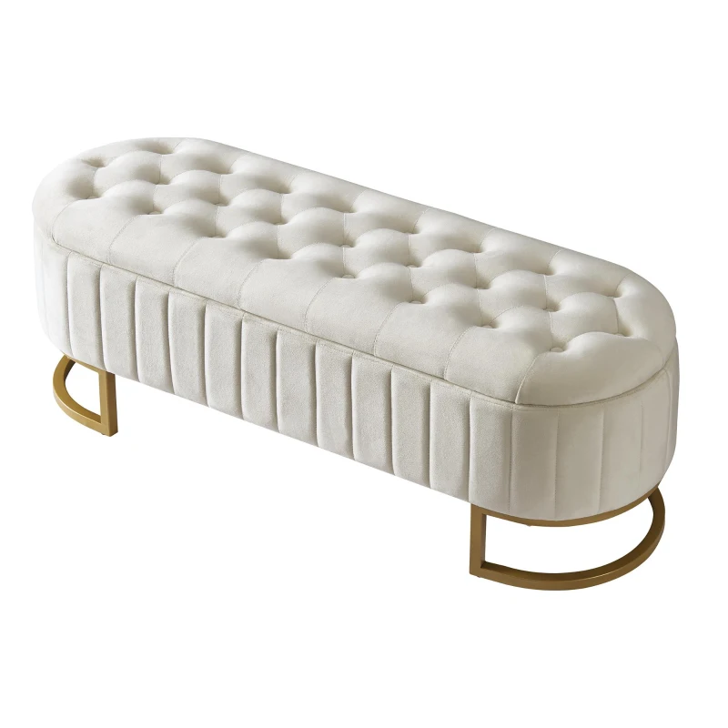 Upholstered Velvet Storage Ottoman Bench with Metal Legs, Button-Tufted Storage Bench with MDF Frame, 47'' L x 15.5'' W x 16.5'' H, Beige