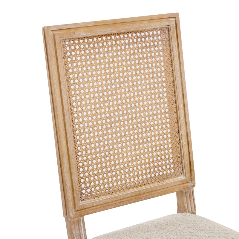 Set of 2 Dining Chairs with Rectangular Cane Backrest and Fluted Legs, Vintage Dining Seating with Rubberwood Frame, 20'' L x 22'' W x 39.5'' H, Beige