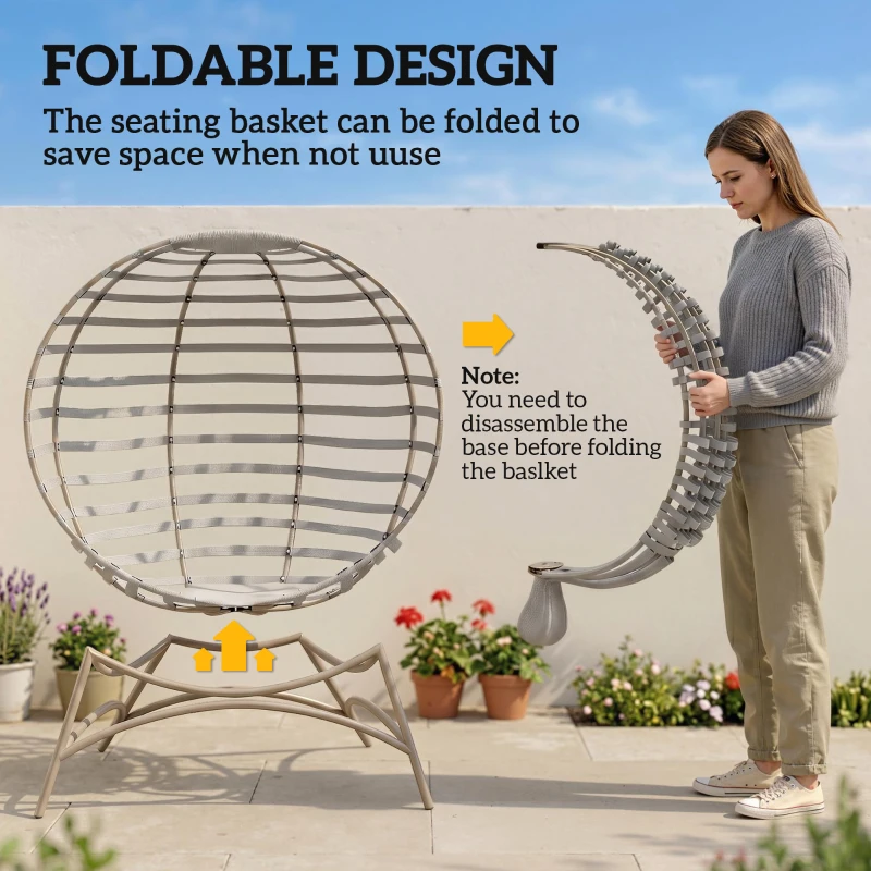 Outsunny Egg Chair, Patio Lounge Chair, Foldable Basket Chair with Large Seat Cushion, Side Pocket, Light Grey