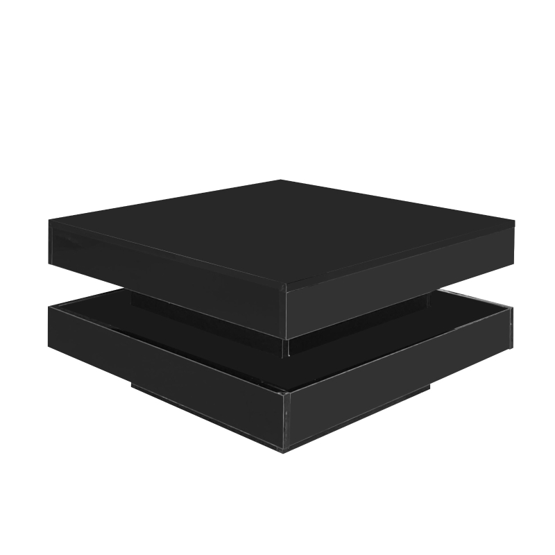 Square High-Gloss Coffee Table with App-Controlled LED Lighting, Modern Center Table with Double-Layer Storage, 27.5" L x 27.5" W x 14" H, Black