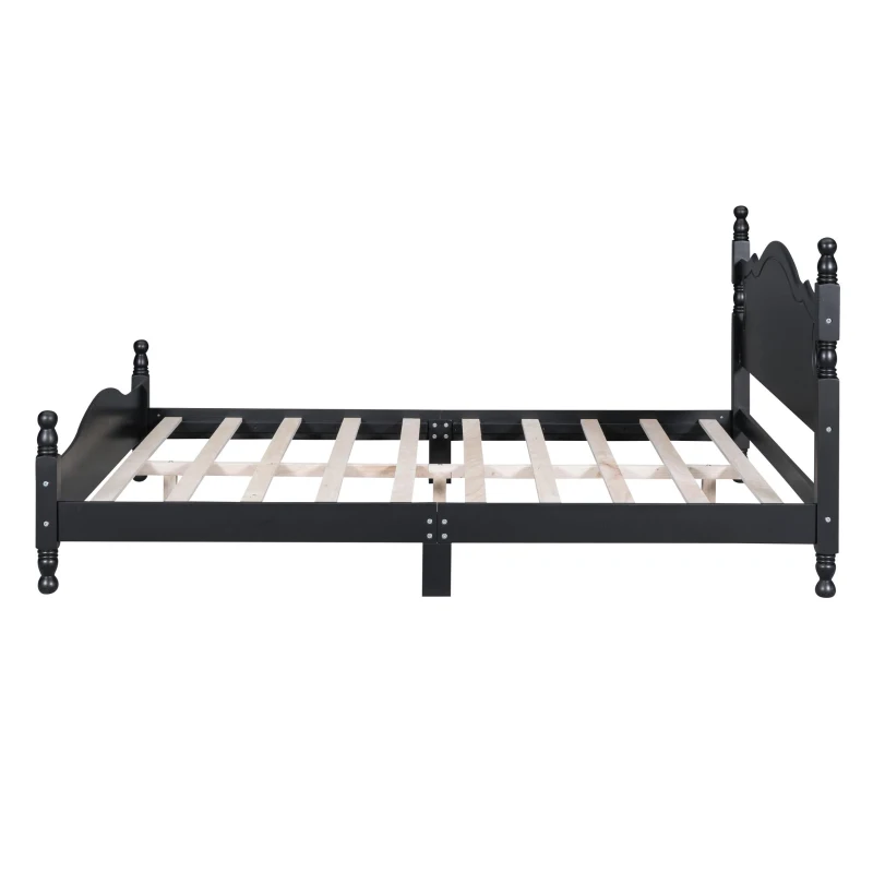 Queen Size Platform Bed with Retro Headboard and 10 Plywood Slats, Durable Bed Frame with Plywood Construction, 85'' L x 62.5'' W x 39.5'' H, Black