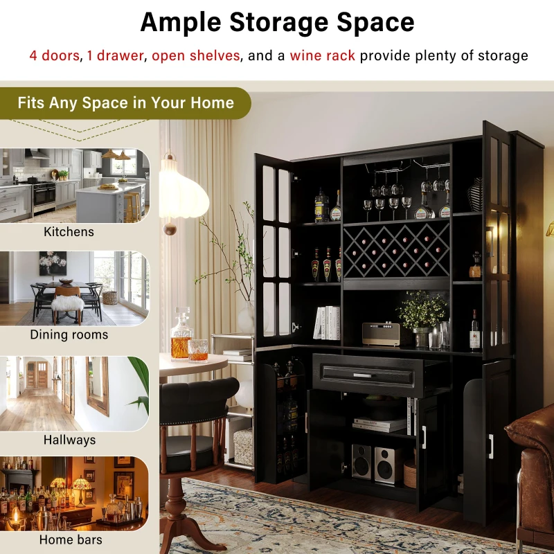 Tall Wine Cabinet with Wine Rack and Stemware Holder, 4-Door Storage Cabinet with Semi-Open Shelf, 52" L x 15.5" W x 74" H, Black
