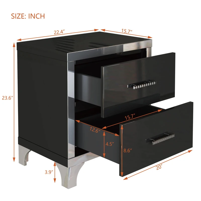 Elegant High Gloss Nightstand with Mirrored Front and 2 Drawers, Stylish Bedside Table for Large Bedrooms, 22.5'' L x 15.5'' W x 23.5'' H, Black
