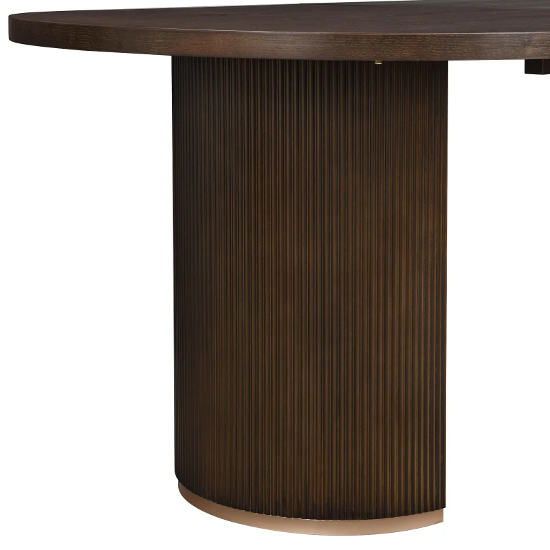 Oval Double Pedestal Dining Table with Semi-Cylindrical Pedestal Bases, Walnut Wood Kitchen Table Vertical Grooves, 88'' L x 40'' W x 30'' H, Walnut