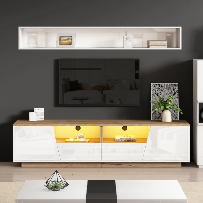 Stylish TV Cabinet with App-Controlled LED Lighting and High-Gloss Front, Freestanding TV Stand with 2 Drawers, 65" L x 15.5" W x 17.5" H, White