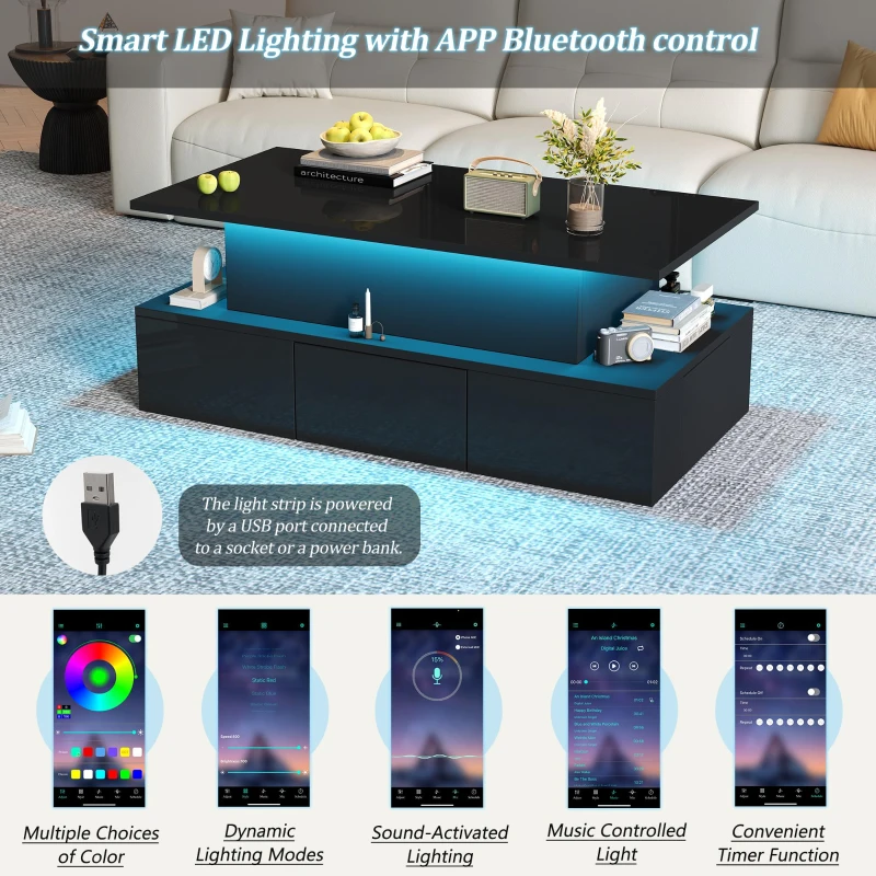 Sleek Lift-Top Coffee Table with Hydraulic Lift and App-Controlled LED Lighting, Versatile Center Table with Hidden Storage, 39.5" L x 19.5" W x 15.5" H, Black