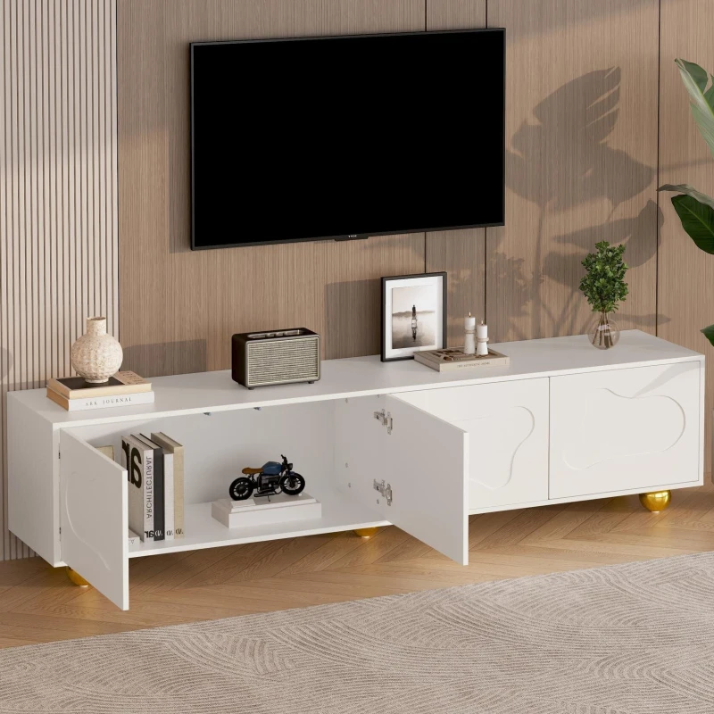 Cloud-Shaped TV Cabinet with 2 Cabinets (4 Doors) and 5 Support Legs, Spacious TV Stand with Ample Storage, 65" L x 15.5" W x 17.5" H, White