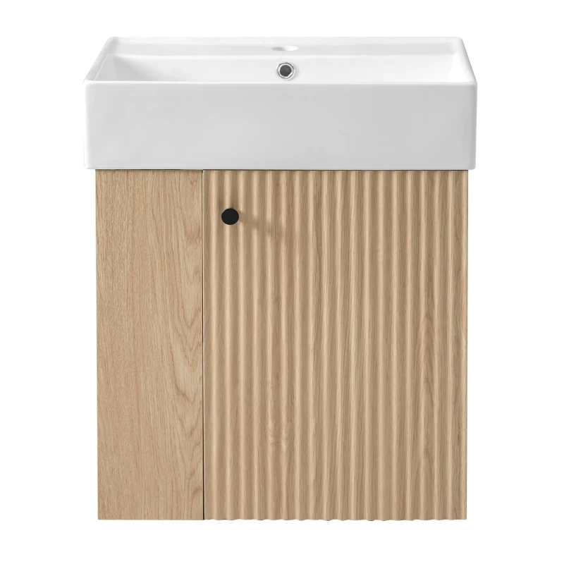 Space-Saving Floating Bathroom Vanity with Ceramic Basin, Wall-Mounted Cabinet for Compact Washroom, 21.5'' L x 12'' W x 26.5'' H, Wood
