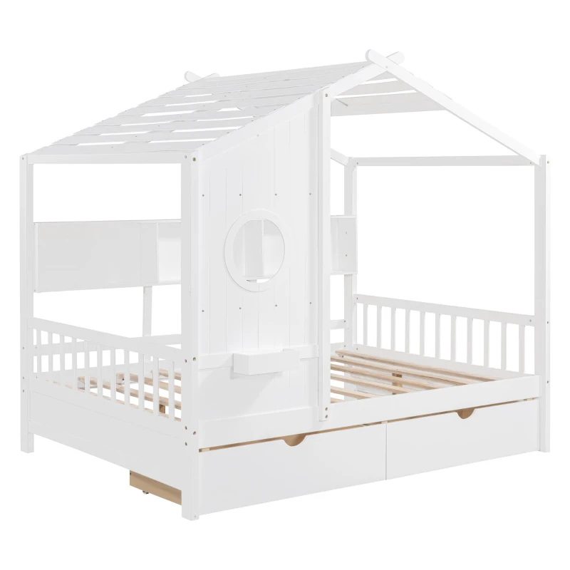 Full Size House Bed with Playful Pitched-Roof and Back Shelf, Wooden House Bed Frame with Sturdy Pine, 78'' L x 58'' W x 72'' H, White