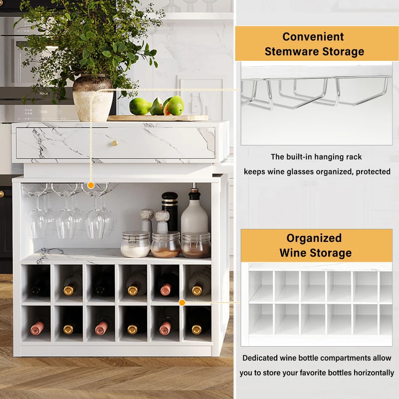 Modern Bar Table with 4-in-1 Extendable Pull-Out Table and Lockable Wheels, Kitchen Island with Adjustable Shelf, 82.5" L x 32.5" W x 28" H, White