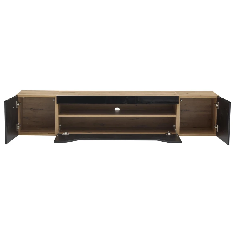 Wall-Mounted TV Cabinet with High-Gloss Front, 3-Tier Storage TV Stand with Fold-Down Flap Door, 65" L x 14.5" W x 14" H, Black+Natural