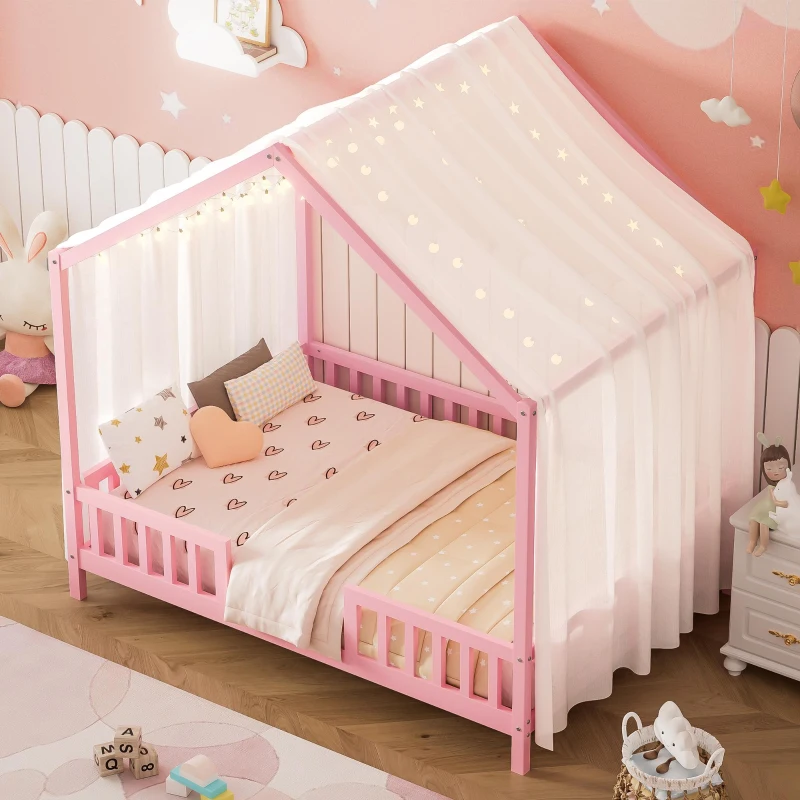 Montessori Full-Size House-Shaped Bed with Lightweight Polyester Canopy, Soft Pink Platform Bed for Child’s Room, 78.5'' L x 56.5'' W x 78'' H, Pink