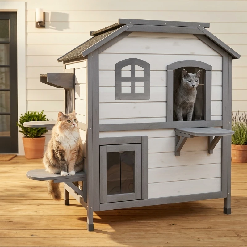 PawHut Wooden 2-Story Outdoor Cat House, Feral Cat Shelter Kitten Condo with Openable Asphalt Roof and 4 Platforms, White