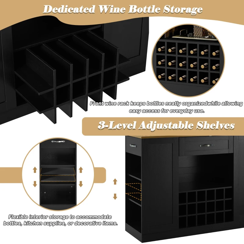 Modern Wine Bar Cabinet with Built-In Power Outlet, Versatile Sideboard with Adjustable Shelves, 47" L x 15.5" W x 34" H, Black+Natural