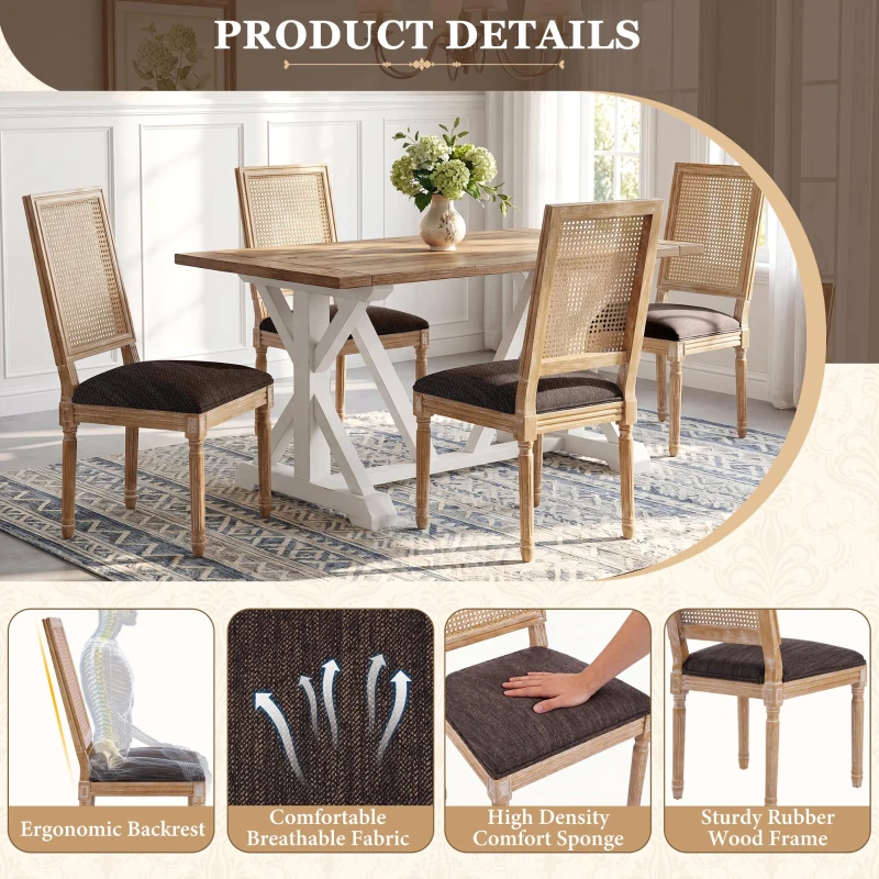 Set for 2 Dining Chairs with Rectangular Cane Backrest and Padded Seat, Cane Back Dining Seating with Fluted Legs, 20'' L x 22'' W x 39.5'' H, Brown