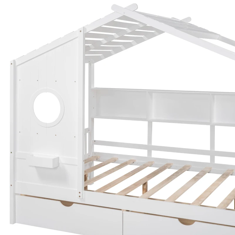 Full Size House Bed with Playful Pitched-Roof and Back Shelf, Wooden House Bed Frame with Sturdy Pine, 78'' L x 58'' W x 72'' H, White