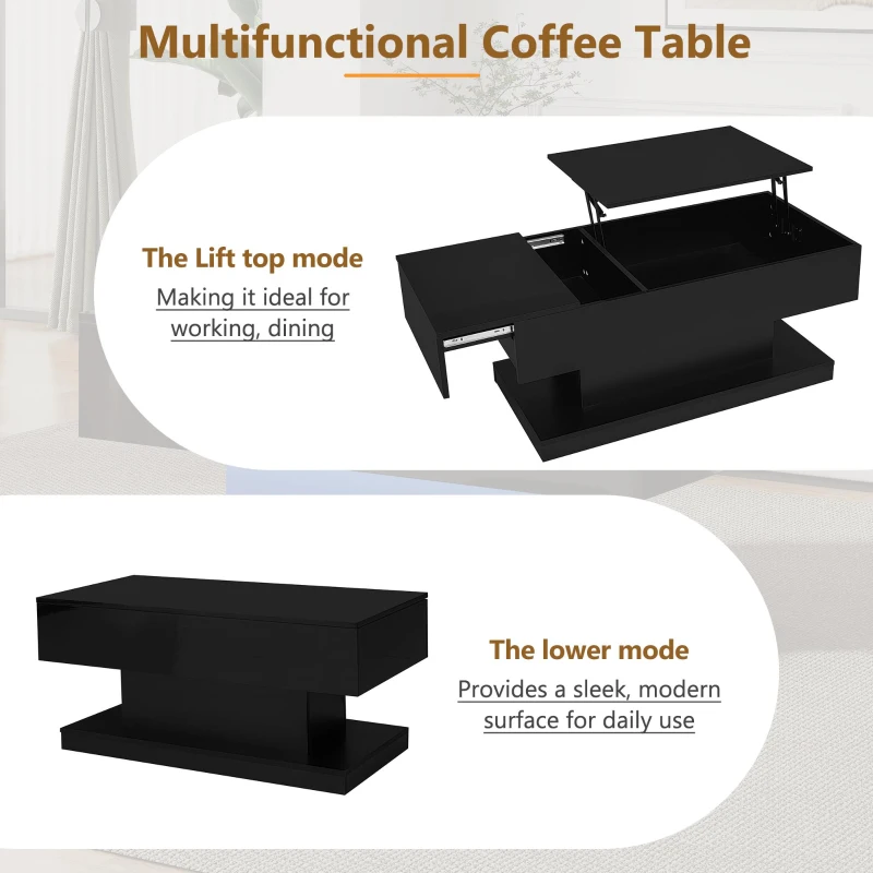 Lift-Top Coffee Table with Sliding Extendable Desktop, Space-Saving Center Table with Height-Adjustable Lift, 39.5" L x 19.5" W x 17.5" H, Black