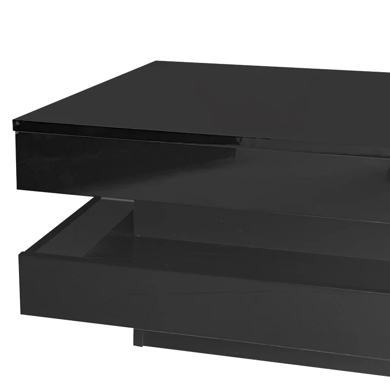Square High-Gloss Coffee Table with App-Controlled LED Lighting, Modern Center Table with Double-Layer Storage, 27.5" L x 27.5" W x 14" H, Black