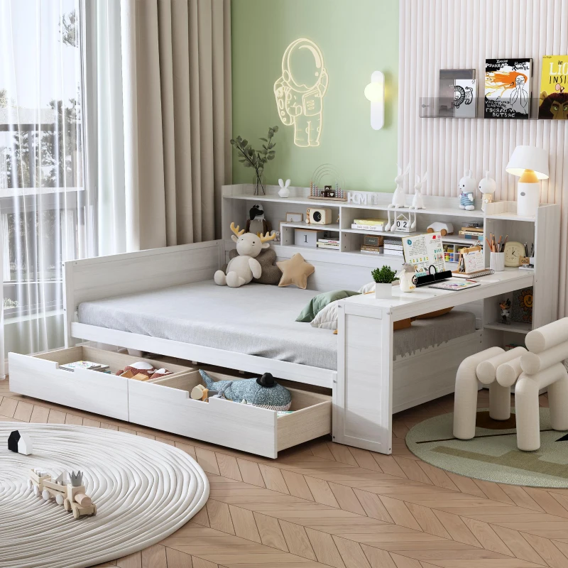 Full Size Daybed with 2 Large Drawers and Built-In Study Desk, Space-Saving Guest Bed with Side Storage Shelves, 91.5'' L x 65'' W x 45'' H, Antique White