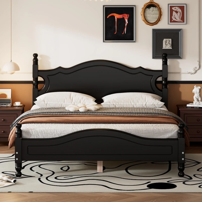 Queen Size Platform Bed with Retro Headboard and 10 Plywood Slats, Durable Bed Frame with Plywood Construction, 85'' L x 62.5'' W x 39.5'' H, Black