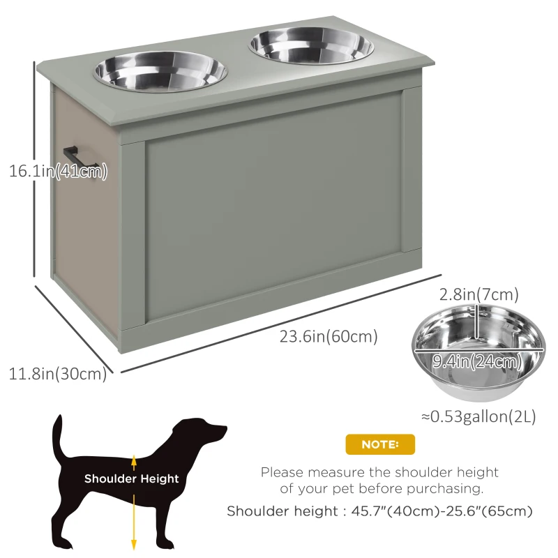 PawHut Elevated Dog Bowls for Large Dogs with Storage 2 Stainless Steel Dog Bowls， Elevated Base for Large Dogs, Grey
