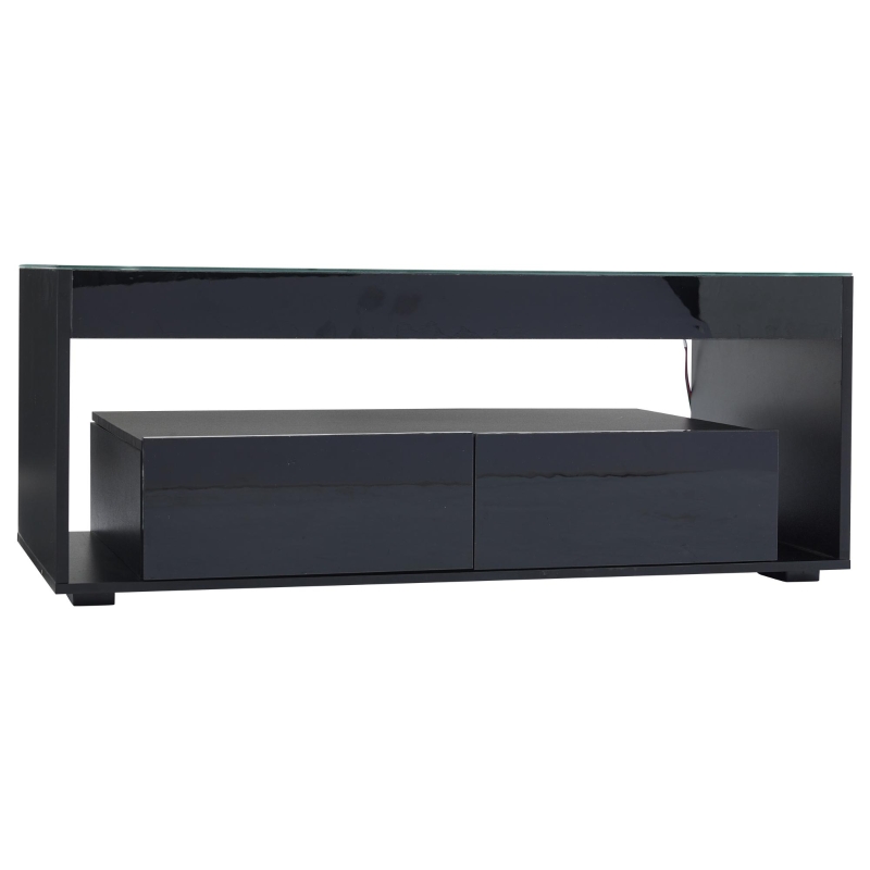 High-Gloss Coffee Table with App-Controlled RGB LED Strip, Spacious Center Table with Open Double-Layer Storage, 39.5" L x 19.5" W x 15.5" H, Black