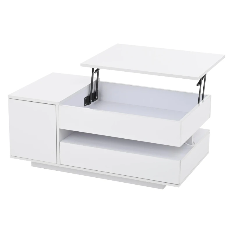 Height-Adjustable Coffee Table with App-Controlled RGB LED Lighting, Modern Center Table with Hidden Storage, 37.5" L x 19.5" W x 15.5" H, White