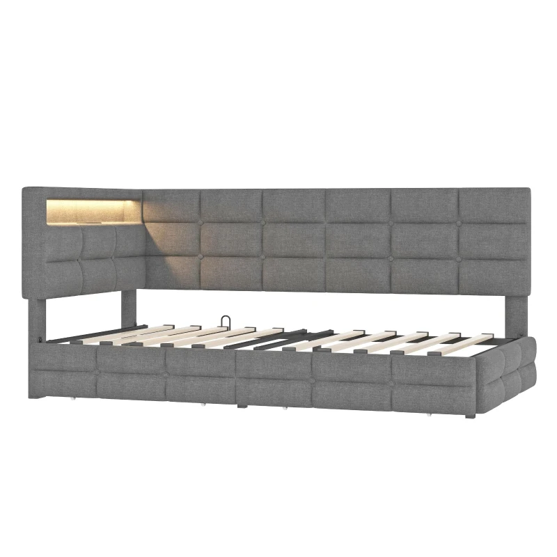 Upholstered Twin Daybed with 2 Drawers and Built-In Charging Station, Multi-Functional Guest Bed with Storage Headboard, 77.5'' L x 39'' W x 35'' H, Gray