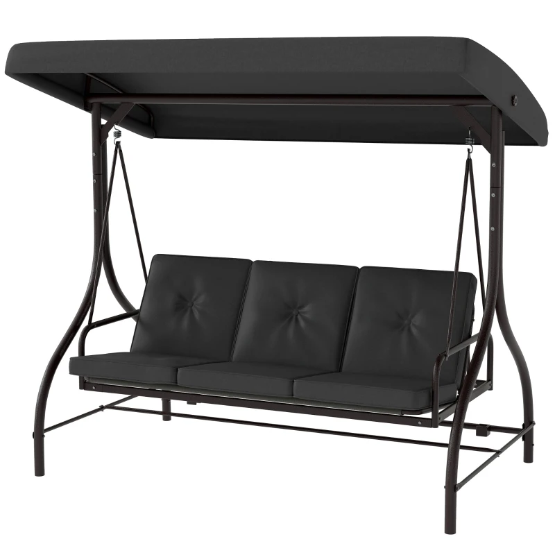 Outsunny Convertible Patio Swing Bed with Canopy and Cushions, 3 Seater Porch Swing for Outdoor, Backyard, Garden, Dark Grey
