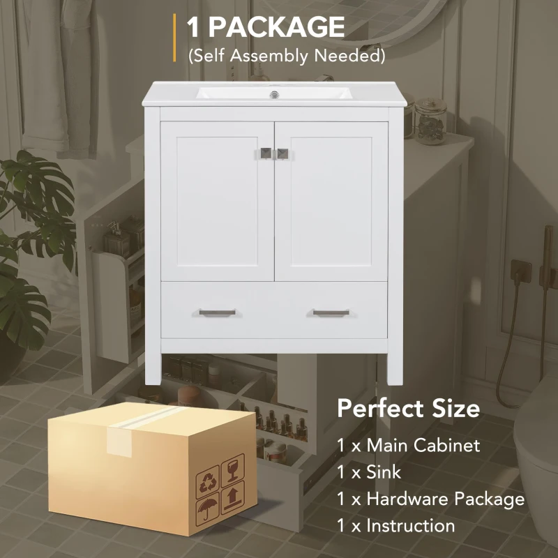 30" Bathroom Vanity with Single Sink, Solid Wood Frame, Multifunctional Storage Cabinet with Soft-Close Doors, 30" L x 18.5" W x 34" H, White