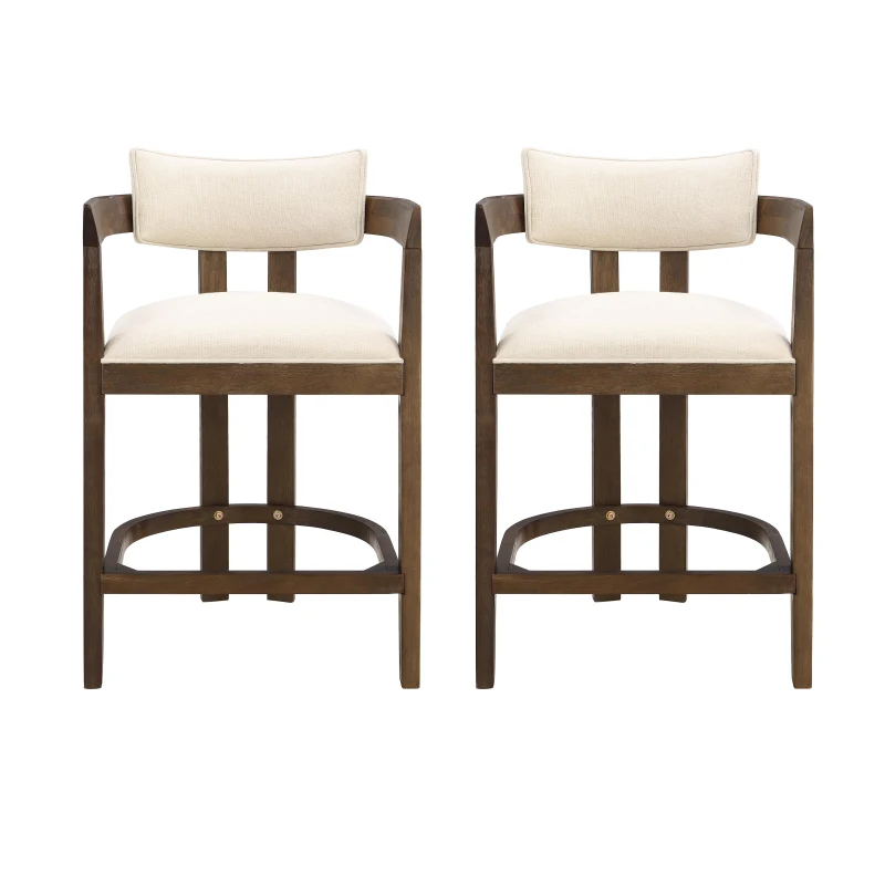 Counter-Height Bar Stools with Curved Solid-Wood Backrest, Upholstered Kitchen Stools with Wooden Legs, 22.5'' L x 24'' W x 36'' H, Beige+Walnut