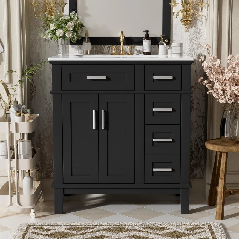 Free-Standing Bathroom Vanity with Ceramic Undermount/Drop-In Sink, Modern Storage Cabinet for Small Condos, 30'' L x 18'' W x 34'' H, Black
