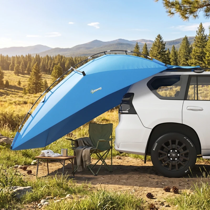 Outsunny Car Awning Camping Tailgate Tent for SUV, 3000mm Waterproof Car Side Awning with Carry Bag, Light Blue