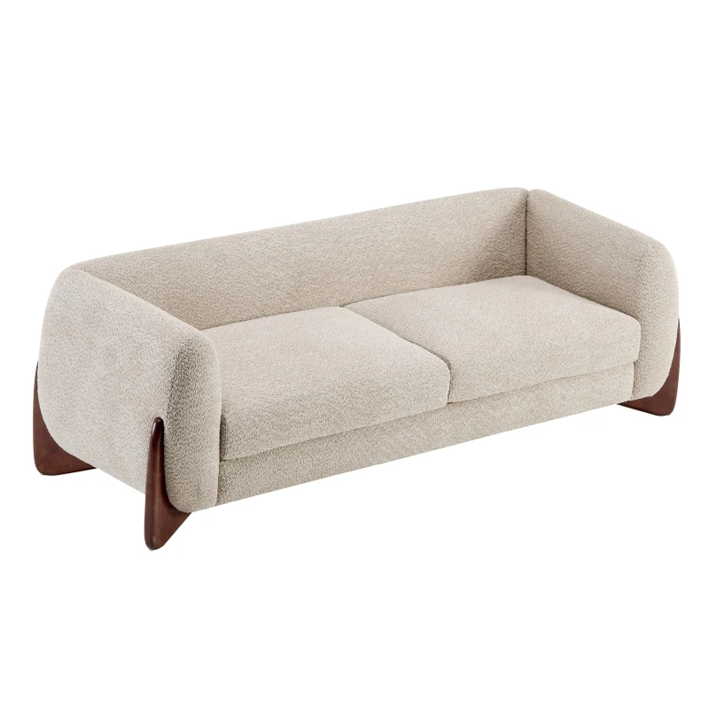 Bouclé Sherpa Sofa with Removable Seat Cushions and Spring Support, Upholstered Lounge Sofa with Wood Legs, 82.5'' L x 32'' W x 27'' H, Almond