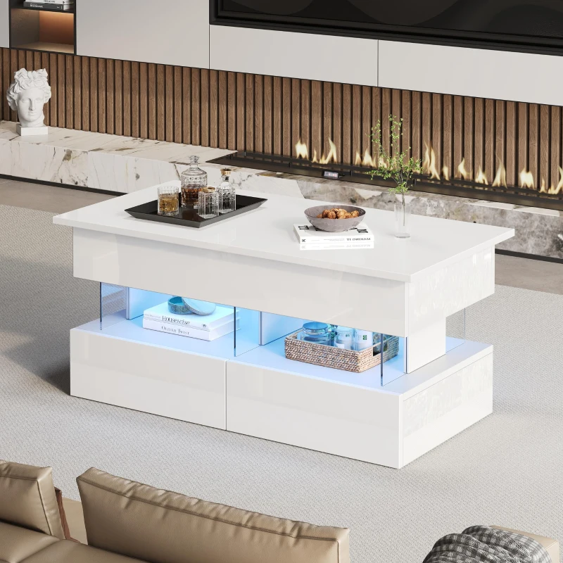 Sleek Lift-Top Coffee Table with LED Ambient Lighting, Modern Center Table with Height-Adjustable, 39.5" L x 19.5" W x 18" H, White