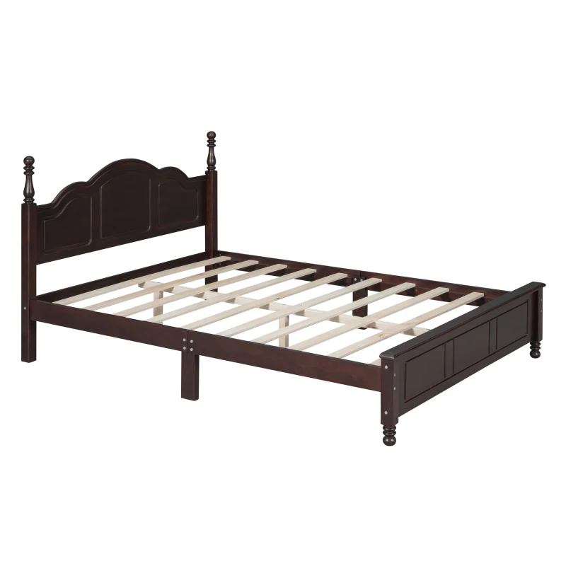 Queen Size Wood Bed with 10 Plywood Slats and Retro-Style Headboard, Modern Platform Bed with Warm Wood Finish, 85'' L x 62.5'' W x 43.5'' H, Walnut